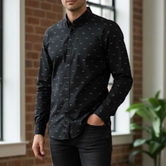 H&M Mens Glasses Print Slim Fit Casual Button Down Shirt Small - Picture 1 of 7